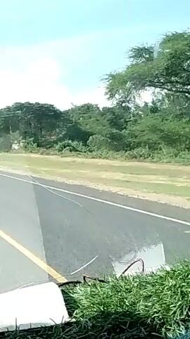 The video shows a car driving down a paved road with a yellow line dividing the lanes. The road is surrounded by trees and grass. There are buildings visible in the distance. As the car moves forward, two vehicles approach from the opposite direction. The sky is bright with scattered clouds.  The camera appears to be mounted inside the car.  The car horn sounds at least twice.  There is some glare on the windshield.