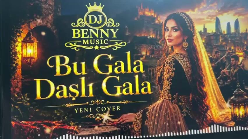 A music video cover displays the text "DJ BENNY MUSIC" in gold lettering at the top, followed by "Bu Gala Daşlı Gala" in large gold letters. Below that, it reads "YENİ COVER" in smaller gold lettering. The background features a stylized image of a woman in traditional attire posing in front of an illuminated castle or cityscape with a historical feel. Lanterns and ornate fabrics are also visible. A sound wave visualizer is present at the bottom of the screen.