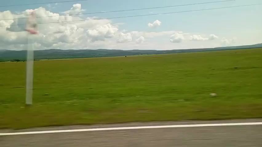 The video shows a view from a vehicle moving along a road. The road is visible in the foreground with a white line marking the edge. Beyond the road is a vast, green, grassy field that extends to rolling hills in the distance. The sky is blue with scattered white clouds. There are power lines visible above the field, and a utility pole appears in the right side of the frame at 00:03. Small dark shapes, possibly animals, are scattered across the field. The overall impression is of a rural landscape under a bright sky.