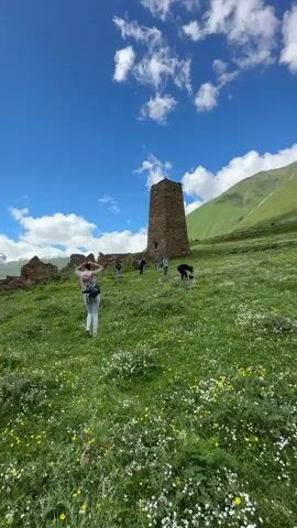 A group of people are walking up a grassy hillside dotted with small white and yellow wildflowers. In the background, there is a stone tower and the ruins of stone buildings. Further in the distance, there are green mountains, some with snow-capped peaks, and a winding river. The sky is bright blue with scattered white clouds. One person in the foreground, wearing a pink shirt and light-colored pants, is walking away from the camera with their hands behind their head.