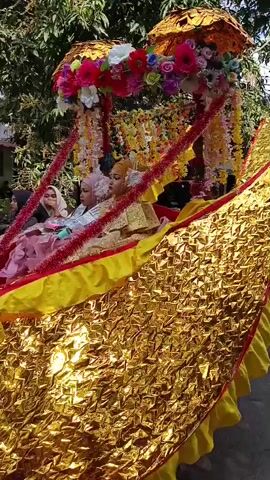 A procession is moving down a paved road lined with trees and some buildings. The procession features elaborate floats decorated with gold fabric, colorful flowers, and red tinsel. Some floats appear to be drawn by motorcycles. Several people are visible, including individuals riding on the floats and others on motorcycles. The people on the floats are adorned in colorful clothing, and some are wearing headscarves. The overall atmosphere suggests a festive or ceremonial event.