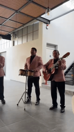 Musical trio in pink blazers performs at Mexican venue