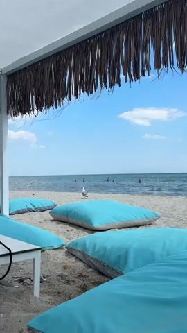 This media file depicts a serene beach scene at Paralia Mesis, Greece, likely during the daytime given the bright sunlight and clear blue sky. The foreground is occupied by large, plush turquoise cushions, suggesting a relaxed and comfortable seating area on the sand. A small white table is partially visible to the left, further enhancing the impression of a laid-back beach lounge.

In the middle ground, a seagull stands on the sandy shore, looking towards the sea. Its presence adds a touch of natural wildlife to the scene. Beyond the seagull, the gentle waves of the sea beckon, with a few people swimming or wading in the water. In the distance, a tiny sailboat is visible on the horizon, contributing to the idyllic coastal atmosphere.

The overall mood is one of peace and tranquility, evoking the feeling of a perfect summer day at the beach. The composition, with the thatched roof of a structure in the upper part of the frame, suggests a beachside establishment providing shade and relaxation. The weather appears to be warm and sunny, ideal for a day by the sea. There is no visible text in the media file.