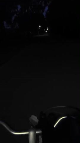 The video shows a first-person perspective of someone riding a bicycle at night. The handlebars and a bell are visible in the foreground. The path ahead is dark, with a few streetlights in the distance illuminating a road or path lined with trees. The sky is dark, indicating it is nighttime. The overall impression is one of a quiet, solitary bike ride in the dark.