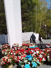Memorial site displays colorful flower arrangements in circular pattern