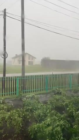 The video captures a view of a rural area during a rainstorm. In the foreground, lush green foliage is visible, appearing wet and possibly being blown by the wind. A dark-colored wooden fence with a teal top border separates the foreground from the background. Beyond the fence, a paved road runs horizontally across the frame. On the other side of the road, a light-colored house with a gabled roof is situated. Further in the background, a more indistinct building or structure is visible, partially obscured by the rain and fog. Two utility poles with overhead wires stand prominently on the left side of the frame. The weather appears overcast and heavy with rain, creating a hazy and somewhat blurred visual effect. The overall impression is one of a stormy, natural environment.