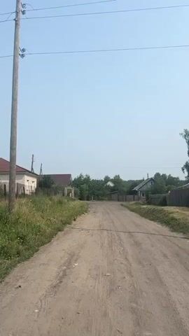 A woman with brown hair walks from left to right on a dirt road, looking to her left. She is wearing a dark grey shirt with a pattern and a black skirt. Behind her, there is tall green grass and a wooden pole with wires. In the background, there are houses with red roofs and fences. The sky is clear and blue. The video is 3 seconds long.