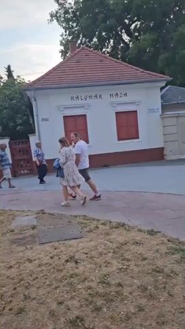 A video captures a street scene with several individuals and a small white dog. In the foreground, dry grass and a paved area are visible. To the left, a man in a striped shirt walks away from the camera. In the center, a couple, the woman in a floral dress and the man in a white t-shirt, walk together, appearing to be holding hands or embracing. Behind them, a building with a red roof and white walls displays signage that reads "KALYHAK MAZA." Further to the right, a woman with blonde hair, wearing a patterned dress and carrying a brown purse, is seen from the side. She holds a phone, possibly taking a picture. A street lamp is positioned to her left. In the background, more trees line a street, and buildings are visible. The small white dog is seen on the grass in multiple shots. The sky is cloudy.