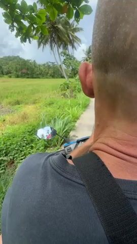 Here's a breakdown of the video:
The video shows a person from behind, seated on a blue motorbike on a paved road. The person is wearing a gray shirt and has a backpack strap across their shoulder. The camera is positioned behind the person, capturing a view of the rural surroundings.

The person reaches up and touches a blue and black helmet which appears to be resting on the handlebars. The side mirror of the motorbike is visible, reflecting the person and the surrounding landscape of green rice paddies and palm trees. The sky is overcast.