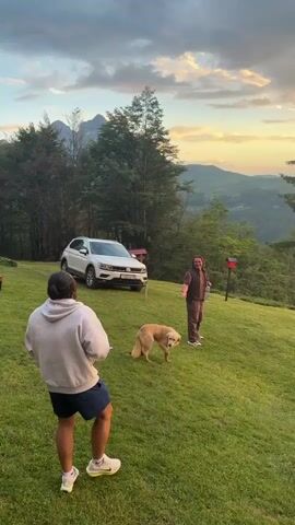 This media file captures a serene moment at dusk in Katun Kobil do, Montenegro. The scene is set on a grassy hillside overlooking a valley dotted with trees and rolling mountains. The sky is a dramatic canvas of oranges, yellows, and greys as the sun sets, casting a warm glow over the landscape.

In the foreground, two individuals and a dog are present. One person, viewed from behind, stands facing away from the camera, dressed in a grey hoodie and dark shorts. Another person, wearing a brown tracksuit, is further back, holding a metallic object. A light-colored dog stands between them, looking towards the person in the tracksuit. A white SUV is parked on the grass behind the first individual. A red birdhouse is visible on a post near the person in the tracksuit.

The overall atmosphere is peaceful and contemplative, with the natural beauty of the Montenegrin landscape taking center stage. The time of day is clearly evening, indicated by the sunset. The weather appears fair, with the dramatic cloud formations adding to the visual appeal of the sky. The presence of the SUV and the people suggests a visit or a stay in this scenic location. There is no visible text in the media file.