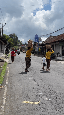 Balinese women carry traditional baskets through Tegallalang streets