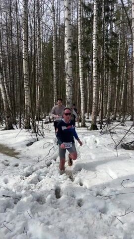 Several runners are participating in a race through a snowy birch forest. The runners are wearing various athletic clothes and race bibs. The ground is covered in snow and muddy puddles. The camera follows the runners as they navigate the challenging terrain. The forest is dense with tall, bare birch trees. The sky is overcast.