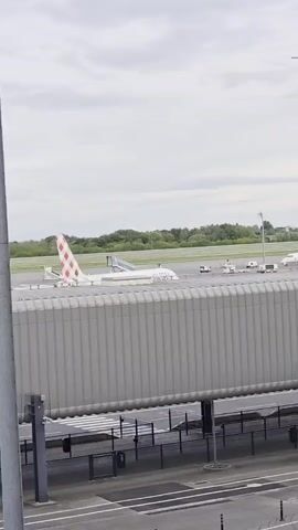 From an elevated position, the camera captures a view across a tarmac area where several airplanes are stationary. One airplane stands out with a distinctive tail featuring a red and white checked pattern. Another plane, painted white with blue and red accents, is situated nearby. The scene is dominated by a large, gray, ribbed jetway structure in the foreground, partially obscuring the view of the tarmac. The overall atmosphere is of a typical airport setting, albeit under an overcast sky. Beyond the tarmac, a line of green trees adds a natural backdrop to the scene.