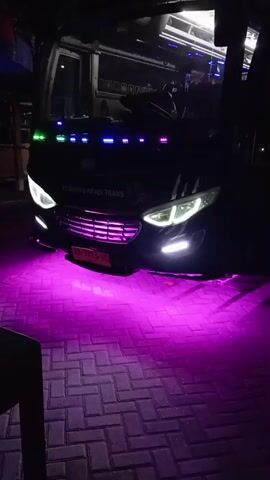 A black bus with purple underglow lighting is parked on a brick surface at night. The bus has multiple colored lights along its front, including green, blue, and red. The bus's headlights are illuminated.