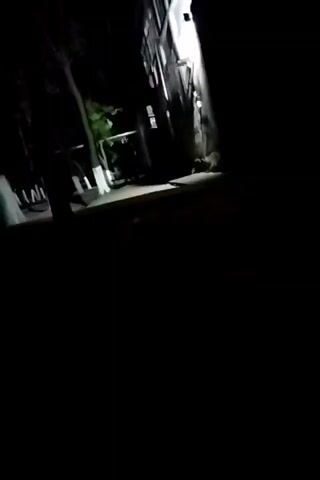 The video shows a dimly lit outdoor scene at night. A building with windows is visible on the right side, with a bright light illuminating part of it. The ground appears to be a paved surface or dirt path. There are trees and some sort of railing or fence on the left side. The overall impression is of an alleyway or a backyard area at night. The image is grainy and dark, suggesting it was recorded with a low-light camera or under poor lighting conditions.
