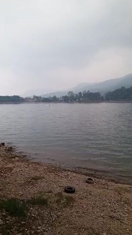A calm, wide body of water stretches across the middle ground of the video, with ripples indicating a gentle breeze. The water's edge is lined with a rocky shore, littered with a few discarded tires. In the distance, a cluster of trees and buildings are visible, nestled at the base of rolling, tree-covered hills that recede into a hazy sky. A small, white boat is visible on the water, moving from left to right. The overall atmosphere is serene and natural, though the presence of the tires suggests human activity and potential environmental impact.