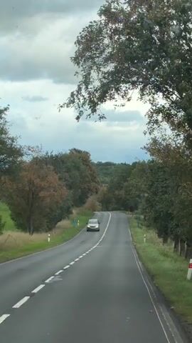 The video shows a car driving on a road surrounded by trees. The sky is cloudy. The road has a white dashed line in the center and a white solid line on the right edge. There are some white and red posts on the side of the road. The trees have green and brown leaves, suggesting it is autumn. The car is silver and is driving away from the camera.