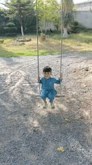 Child plays on wooden swing in residential yard