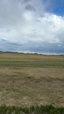 The media file shows a vast, open grassland under a dramatic sky. The foreground features a dirt road with sparse green vegetation and dry grass. In the middle ground, a wide expanse of dry, golden-brown grass stretches out, punctuated by patches of greener growth. The background is dominated by rolling hills and distant mountains.

The sky is filled with a dynamic mix of clouds. Bright white cumulus clouds drift against patches of brilliant blue sky, while darker, heavier clouds gather, suggesting an approaching storm or recent rainfall. Sunlight breaks through in some areas, creating visible shafts of light illuminating the landscape.

There are no discernible people or specific objects in the scene. The overall impression is one of a remote, natural landscape. The time of day appears to be afternoon or late afternoon, given the quality of light and cloud formations. The weather is mixed, with both sun and potential rain. The location cues of rolling hills and wide grasslands are consistent with a rural or semi-arid environment. The mood conveyed is one of expansive natural beauty and perhaps a touch of wildness due to the weather.

There is no visible text in the media file.