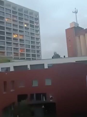 A video shows a view from a window, with buildings in the background. The sky is overcast. The closest building is a dark red structure with a few windows visible. Beyond that, a white building with many windows is seen, and to the right, a reddish-brown building with pillars and a tower on top is partially visible. There are trees and foliage in the foreground and between the buildings. The lighting suggests it is daytime, possibly dusk or a stormy day. There are no people or discernible actions taking place.