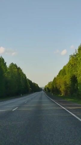 The video depicts a car's perspective while driving along a two-lane highway. The road is bordered on both sides by green trees, forming a natural tunnel. The sky is clear with a few scattered clouds. The highway is mostly empty, with a few cars visible in the distance. The video is stable and focuses on the road ahead.