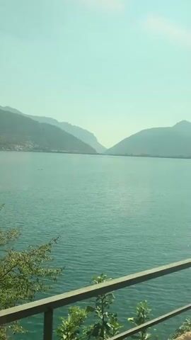 The video captures a scenic view of a large body of water, likely a lake, bordered by rolling hills or mountains. The water is a vibrant turquoise, reflecting the clear, pale blue sky. In the foreground, a dark metal railing runs horizontally across the bottom of the frame, suggesting the footage is taken from a bridge, balcony, or boat. The railing is partially obscured by lush green foliage and the branches of a leafy tree, which stand out against the expansive landscape. The hills in the background are covered in vegetation and appear to be dotted with buildings or settlements, hinting at human presence. The sunlight is bright, casting a gentle glow on the scene, and the overall atmosphere is tranquil and picturesque. There are no people visible in the video.