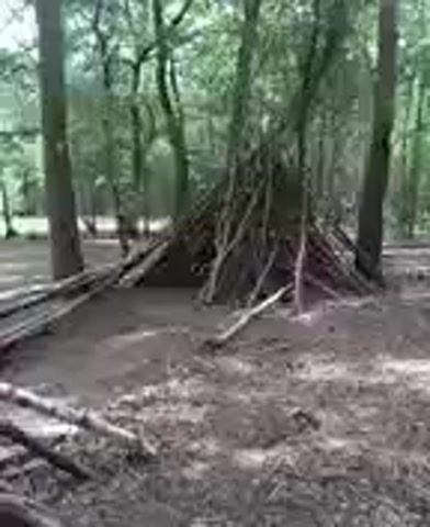 A video shows a hut made of sticks in a forest. The hut is in the center of the frame, and it is made of many sticks that are leaned against each other to form a conical shape. The hut is in a clearing in the forest, and there are trees all around. The ground is covered in leaves and dirt. The video is shaky and the image is blurry, but it is possible to see the hut and its surroundings.