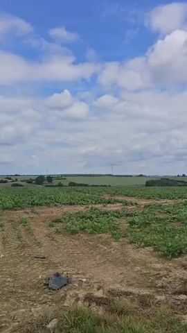 The video shows a panoramic view of a rural landscape under a partly cloudy sky. The camera pans across green fields, some with crops, and a dirt path winding through the scene. In the distance, trees and structures suggest a sparsely populated area. The overall impression is one of natural beauty and open space.