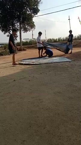 Four young males are engaged in an outdoor activity on a dirt ground. In the foreground, a large, flat tarp is laid out on the ground. Two of the males are on their hands and knees, working with this tarp. In the background, three other males are gathered around a larger, blue tarp which they are manipulating. One male is holding a corner of the blue tarp, while two others are lifting and maneuvering it. The environment appears to be a rural area with a tree on the left, some distant vegetation, and a utility line stretching across the upper portion of the frame. The sky is clear, suggesting daylight.