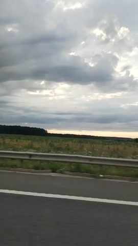 This is a video taken from a moving vehicle on a highway. The camera is angled to show the side of the road, a metal guardrail, and a vast agricultural field beyond. The field is green with some white specks, suggesting crops or flowers. A dark line of trees forms the horizon, separating the field from a cloudy sky. The sky is dramatic with dark gray clouds interspersed with brighter patches, indicating either an overcast day with breaks of sunlight or a sunset. A single, small, dark green tree stands in the middle ground of the field. There are no people or specific identifiable objects in the scene besides the natural landscape and the road infrastructure. The video captures a sense of movement and open space.