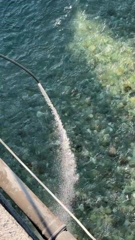 From an elevated position, a hose directs a strong stream of water into a body of water, likely a river. The water is clear enough to see rocks and pebbles on the riverbed. The hose appears to be connected to a metal pipe running along a structure, possibly a bridge or platform. The sunlight reflects off the water.