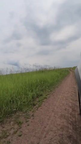 This is a first-person perspective video looking out of a vehicle. The vehicle is driving on a dirt road that curves to the right. To the left of the road is a field of tall green grass with some dry weeds sticking out. The sky is overcast with gray clouds.