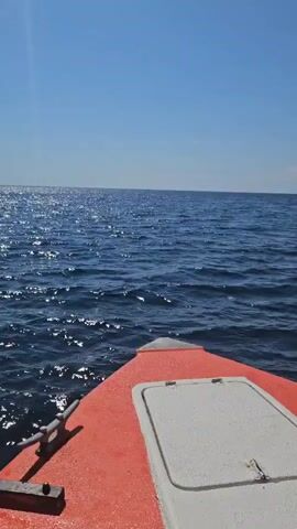 The video shows the bow of an orange and white boat moving through the ocean on a sunny day. The water is blue and choppy with sunlight glinting off the surface. The sky is clear and blue. In the distance, a rocky coastline with a beach is visible. There are no people or other discernible objects in the video besides the boat and the natural environment.