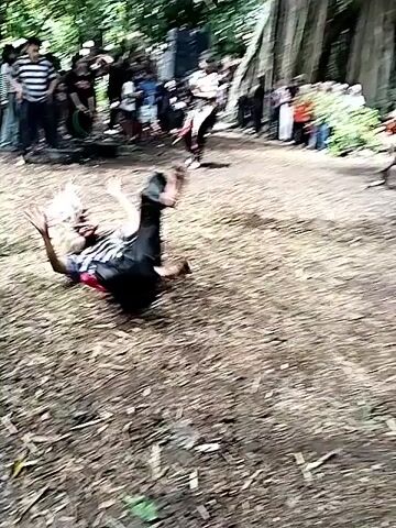 The video shows a group of people gathered in an outdoor space with trees and foliage visible in the background. In the initial frames, a person wearing a striped shirt and dark pants is on their hands and knees on the ground, which is covered with leaves and small branches. This person is barefoot. 

As the video progresses, the camera angle shifts, revealing other individuals standing around the perimeter. A man wearing a black shirt and black pants enters the frame and brandishes a stick or rod. The person who was initially crawling stands up and appears to engage in some form of ritualistic or performance-based action. 

Another individual wearing a patterned shirt and a straw hat also appears to be part of the performance. One of the men falls to the ground. Throughout the video, there are observers of the performance. The ground appears to be a mix of dirt and leaf litter.