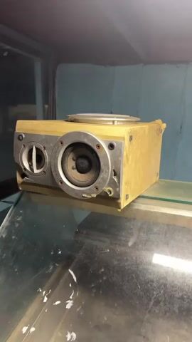 A close-up shot of a vintage speaker is displayed against a backdrop of a blue-painted wall. The speaker is housed in a light-colored wooden enclosure and features a metallic front panel. On the left side of the front panel, there is a small, circular speaker driver with a white membrane and a darker center. To the right of this, a larger circular speaker driver is visible, with a black cone and a silver surround. The front panel is secured with visible screws. The speaker is positioned on a glass surface, likely a shelf or table, which reflects light from above. The overall lighting suggests an indoor environment, possibly a workshop or storage area, with a slightly aged aesthetic.