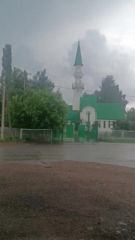 A white car drives past a mosque with a green roof and minaret, on a cloudy day. There are trees and a fence around the mosque. The road in front of the mosque is wet, suggesting it has recently rained.