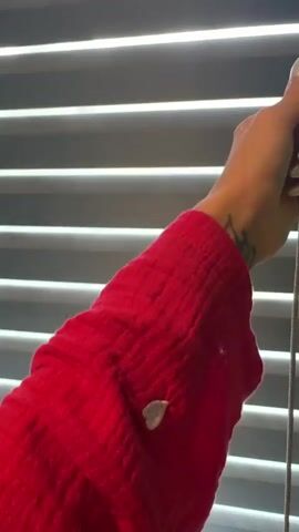 A close-up shot shows a person's arm in a red long-sleeved shirt, featuring a small white heart emblem on the sleeve. The person is operating a set of horizontal window blinds. The blinds open and close, revealing a view of green foliage and trees outside the window. A tattoo is visible on the person's forearm.