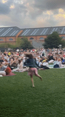Crowd gathers on the grass for outdoor screening at New Holland Island