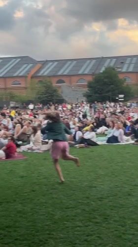 Crowd gathers on the grass for outdoor screening at New Holland Island