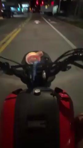 The video shows a first-person view from a red and black moped or small motorcycle stopped at a red light on a city street at night. The street has two lanes with yellow dividing lines and a white directional arrow painted on the road. Streetlights illuminate the scene, and buildings can be seen on both sides of the road. Traffic lights are visible ahead, with the light currently red. The dashboard and handlebars of the moped are in the foreground, with a keychain hanging from the handlebars. There are no people immediately visible other than the rider's perspective.  Other cars are at the intersection.