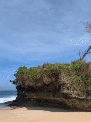 Rugged Indonesian coastline explored from cliff to shore