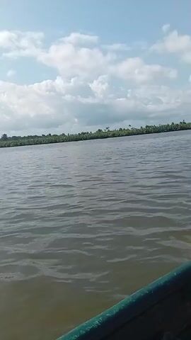 The video shows a river with trees on the shoreline. There are white clouds in a blue sky. A small boat with three people in it crosses the water.