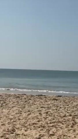 The video shows a beach with a sandy foreground, meeting the calm, light-blue sea under a clear, bright sky. The camera pans right to reveal a simple beach structure with a bench and striped awning. A man is visible, standing under the awning and drinking from a cup. A child is nearby, also under the awning. The video is shot in daylight with natural lighting, and the scene is static except for the moving camera.