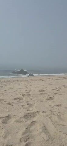 A low-angle shot of a foggy beach shows sand in the foreground and waves crashing against rocks in the distance. The sky is completely obscured by fog.