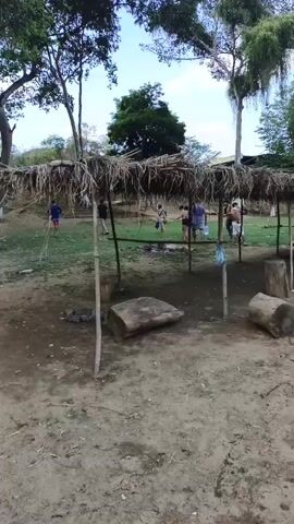 The video presents a rustic outdoor recreational area, likely a riverside picnic or gathering spot, at El Jabillo, Venezuela. The foreground shows a dirt ground with several large wooden logs, possibly used for seating. A series of open-sided shelters, featuring thatched roofs and supported by wooden posts, line the area.

Under and around these shelters, several casually dressed people are seen walking and standing, engaging in various leisurely activities. In the background, one individual in a blue shirt is visible on what appears to be a rope swing. Two chickens are also briefly seen near one of the shelters.

As the camera pans to the right, a calm, clear river or stream with several large rocks becomes visible, flowing alongside the dirt path. The riverbanks are verdant with green bushes and grass. Beyond the river, lush, tree-covered hills stretch towards a clear to partly cloudy sky. The scene depicts a relaxed daytime gathering in a natural, scenic environment. No visible text is present in the video.