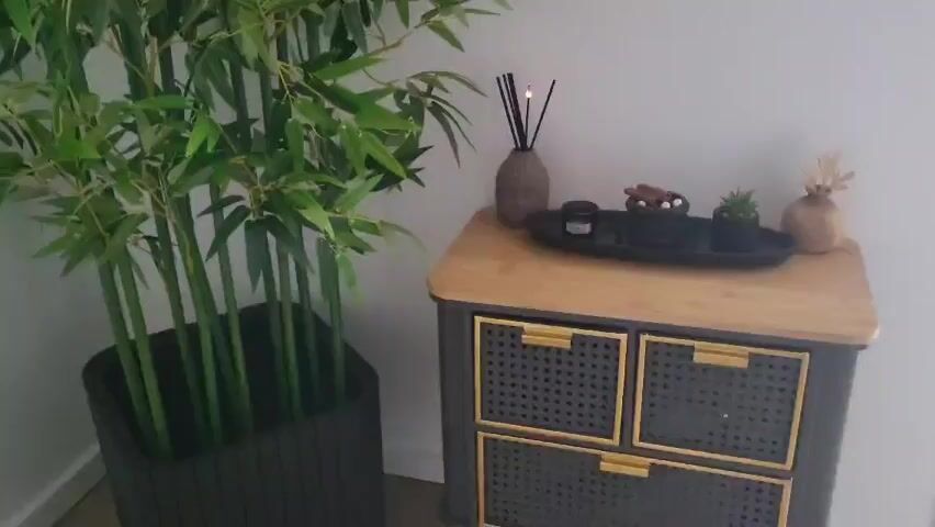 This video captures an indoor scene in Cavalões, Portugal, featuring a carefully arranged corner with decorative elements. The primary subjects are an artificial bamboo plant and a small wooden cabinet.

On the left, a tall, realistic artificial bamboo plant with vibrant green leaves stands in a dark, textured planter. Its slender, segmented stalks are prominently displayed.

To the right of the plant is a stylish wooden cabinet with a light, natural wood top. The body of the cabinet is dark grey, featuring three drawers with a perforated, perhaps rattan-style, texture and accented with gold-colored rectangular handles.

The top of the cabinet serves as a display for several decorative items, mostly in dark and natural tones, arranged on a black oval-shaped tray. On the tray, there is a dark diffuser bottle with reeds, set in a stone-like vase shaped like a Buddha head. Next to it, a small black bowl contains what appear to be cinnamon sticks. A tiny green succulent plant in a black pot adds a touch of natural greenery. A small black candle or container is also visible on the tray. To the right of the tray, a small light-colored, possibly ceramic or wooden, vase holds some dried decorative elements.

The video begins with a wider shot, showcasing the entire arrangement. It then slowly zooms in, focusing on the items on the cabinet top, before holding a steady close-up. The lighting is soft and ambient, suggesting an indoor setting without direct sunlight. No people are visible in the video, and there is no discernible text. The overall atmosphere conveyed is one of tranquility and minimalist modern decor, with a touch of natural and zen-inspired elements.