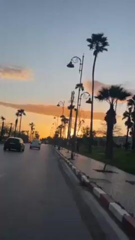 The video shows a view down a straight city street toward a sunset. Several cars are driving down the road, and a motorcyclist is visible. The street is lined with palm trees and ornate lampposts. The sky is blue with orange clouds near the horizon where the sun is setting.