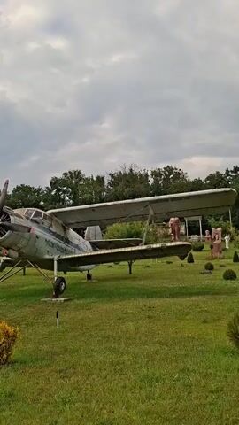 The video shows a static display of several vintage airplanes parked on a grassy lawn. The camera pans slowly across the scene, focusing first on a biplane with a prominent propeller and fixed landing gear. The biplane is weathered and appears to be silver with some green accents. Beyond the biplane, other aircraft can be seen, including a monoplane that appears to be a trainer or light aircraft. The environment is a well-maintained park or museum, with trees and bushes surrounding the display area. The sky is overcast with dramatic clouds. There are no people visible in the video, and the airplanes are stationary.
