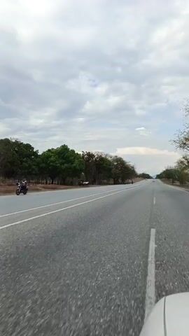 The video provides a first-person perspective from a vehicle moving forward on a two-lane asphalt road. The road has white markings and appears to be in a rural or semi-rural setting. On both sides of the road, there are rows of trees and sparse vegetation, with some greenery and some trees with dry, brown leaves. The sky is overcast with a significant amount of clouds, but the overall lighting suggests it is daytime.

Early in the video, a red motorcycle briefly appears on the left lane, moving away from the camera's perspective. Further down the road on the left side, a white vehicle (possibly a pickup truck or SUV) is parked on the shoulder. Other vehicles can be seen in the far distance on the road, indicating light traffic. The front portion of the recording vehicle is visible at the bottom right of the frame. There is no visible text in the scene.