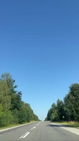 The video shows a view from a moving vehicle traveling on a straight, two-lane asphalt road. The road is bordered by dense green trees on both sides. The sky is a clear, bright blue with no clouds. There are white dashed lines on the road indicating lanes. In the distance, the road appears to converge towards the horizon. There are no other vehicles or people visible in the frame.